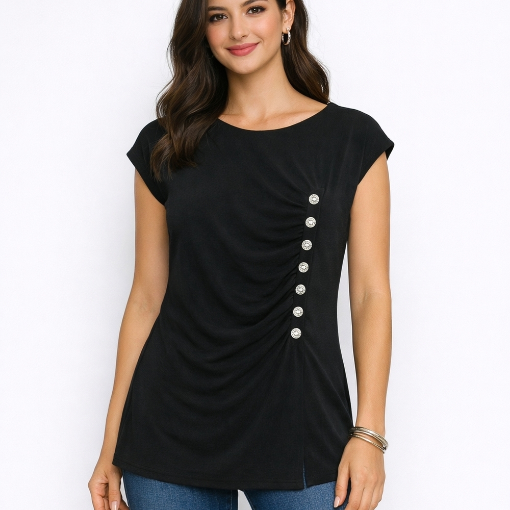 Joseph Ribkoff Tunic Top Blouse Women's Size 8 Black Button Pleated